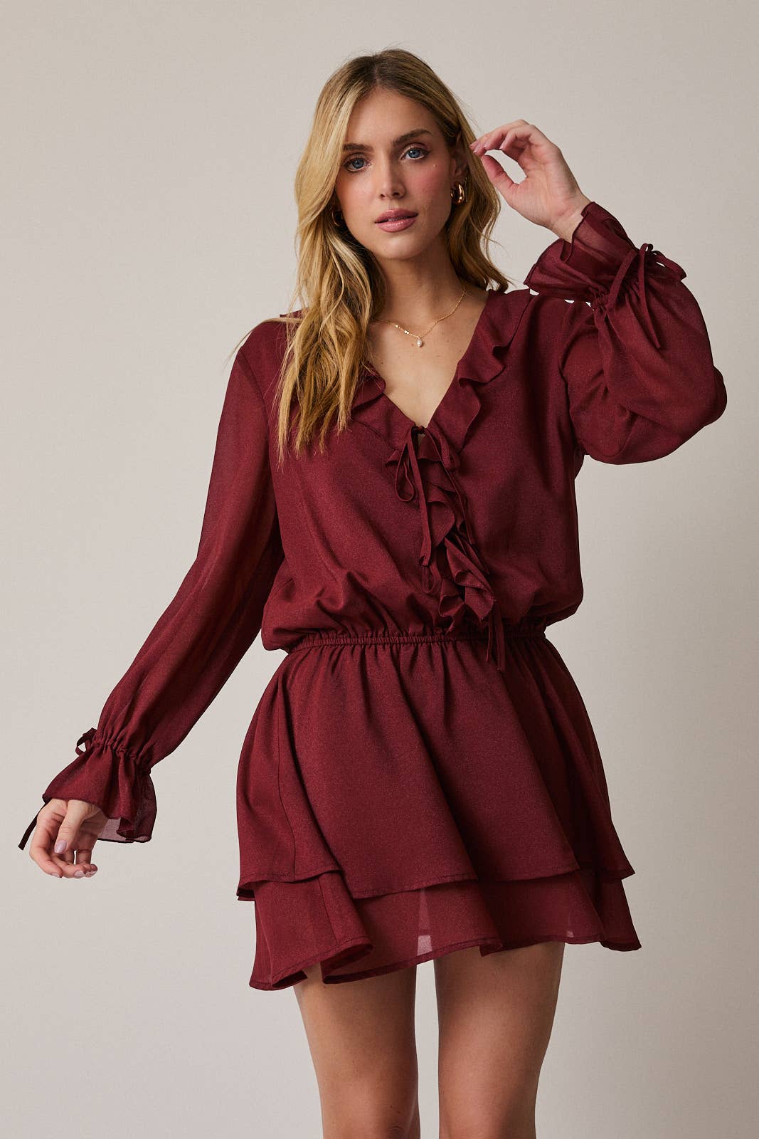 FRILLED V-NECK LONG SLEEVE MINI DRESS Sunday Edition by LE LIS