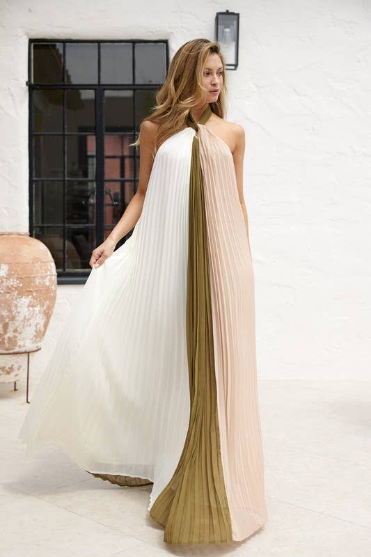 Halter Color Block Maxi Pleated Dress Over Thirty Boutique