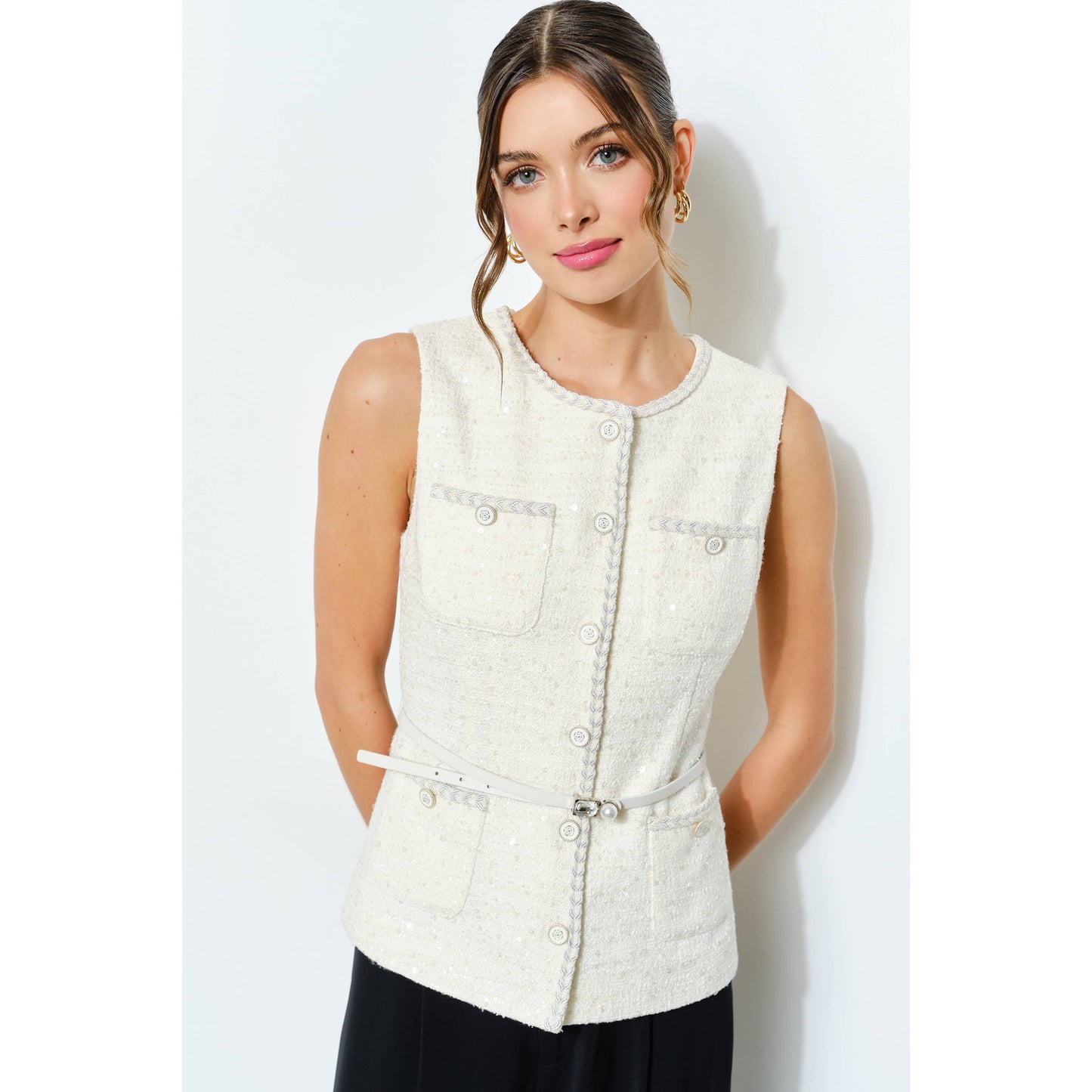 Belted Sequin Tweed Sleeveless Top INA