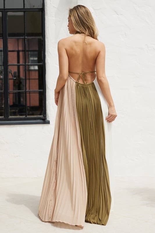 Halter Color Block Maxi Pleated Dress Over Thirty Boutique