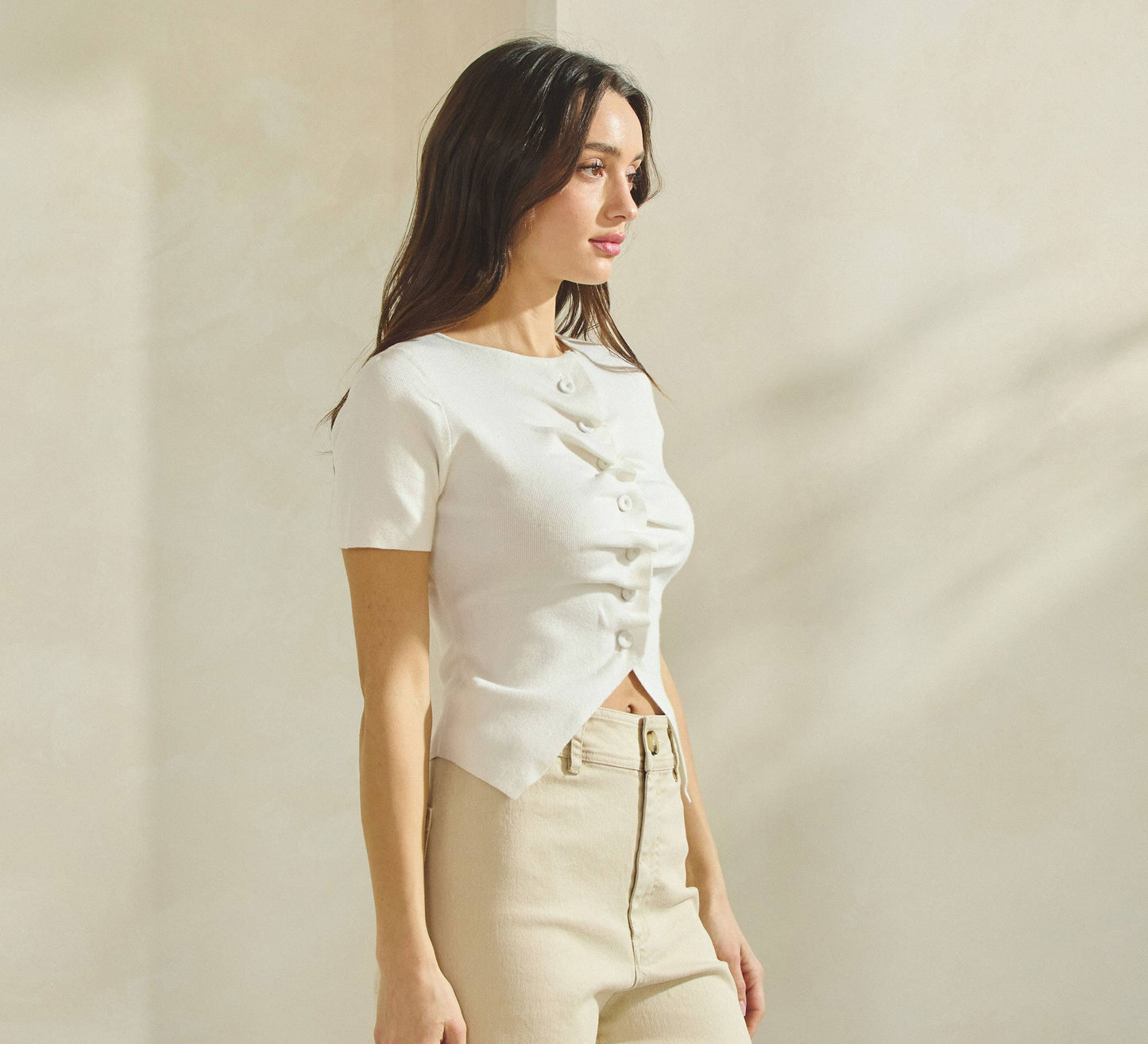 Button Pleated Split Knit Top