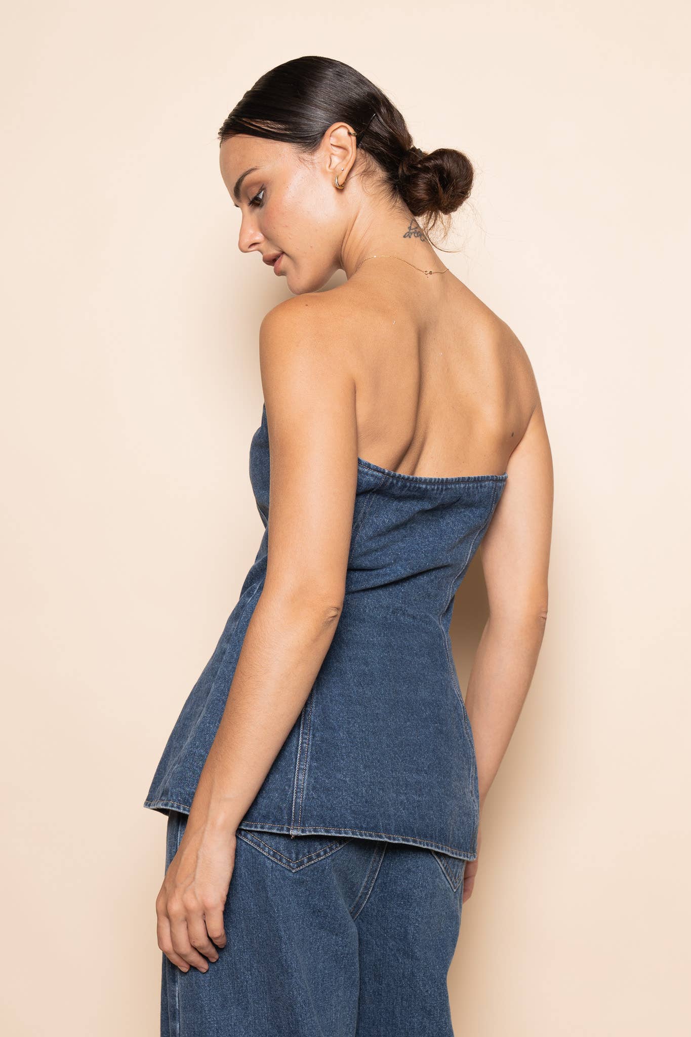 DENIM JEAN STRAPLESS BUTTON FRONT FITTED TUBE TOP - TI6949FO Fore Collection
