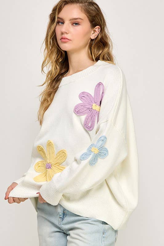 SOFT EMBROIDERED PASTEL FLORAL OVERSIZED SWEATER