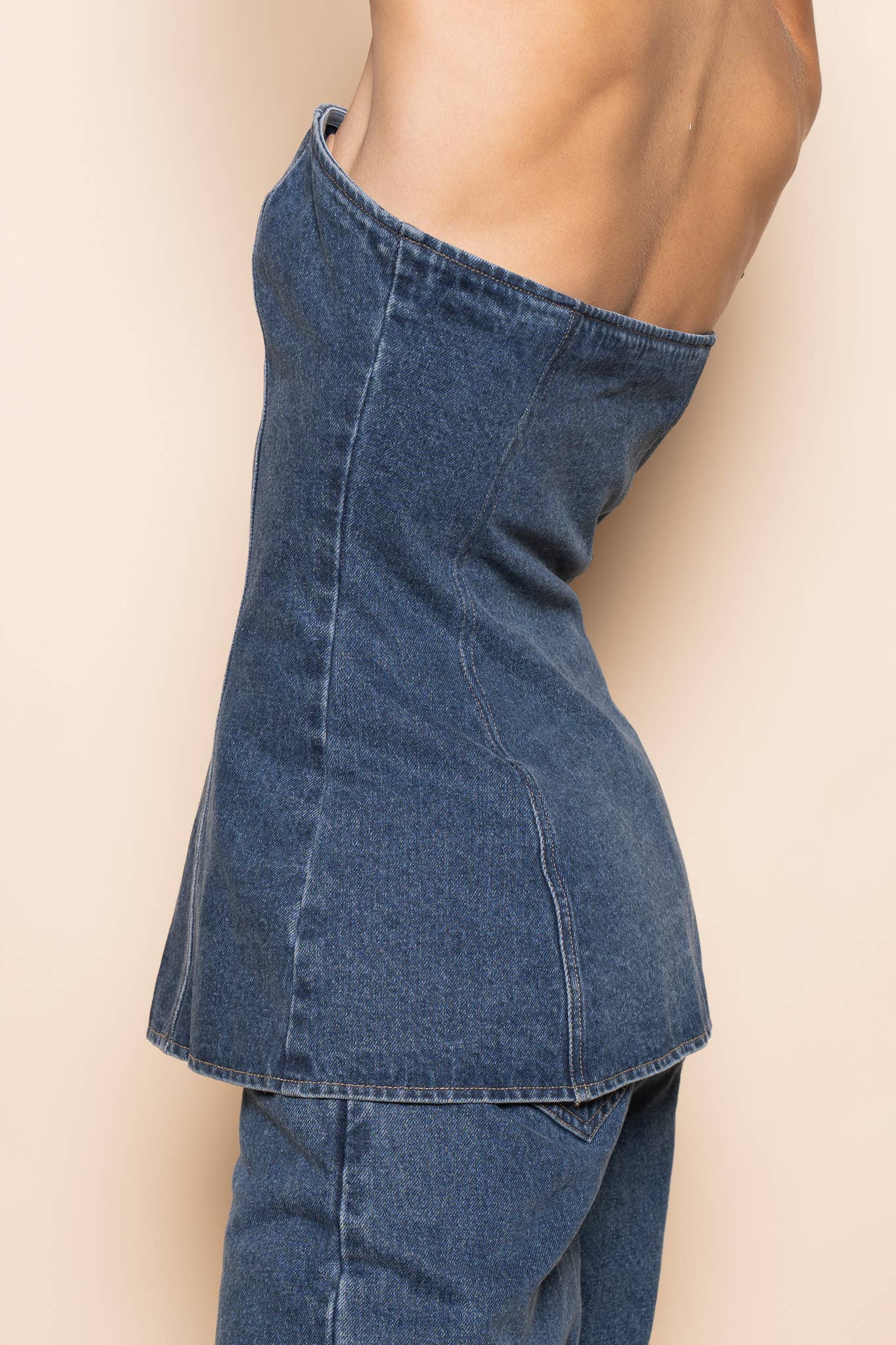DENIM JEAN STRAPLESS BUTTON FRONT FITTED TUBE TOP - TI6949FO Fore Collection