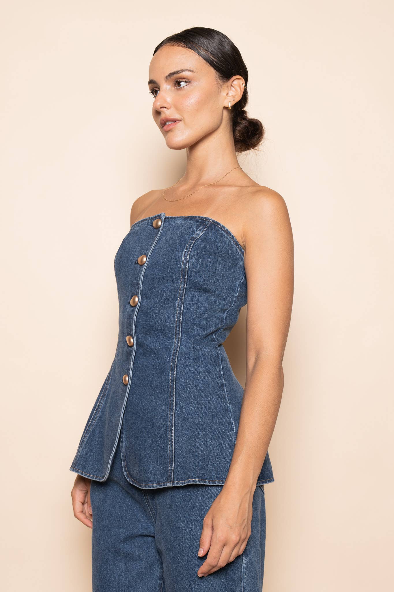 DENIM JEAN STRAPLESS BUTTON FRONT FITTED TUBE TOP - TI6949FO Fore Collection