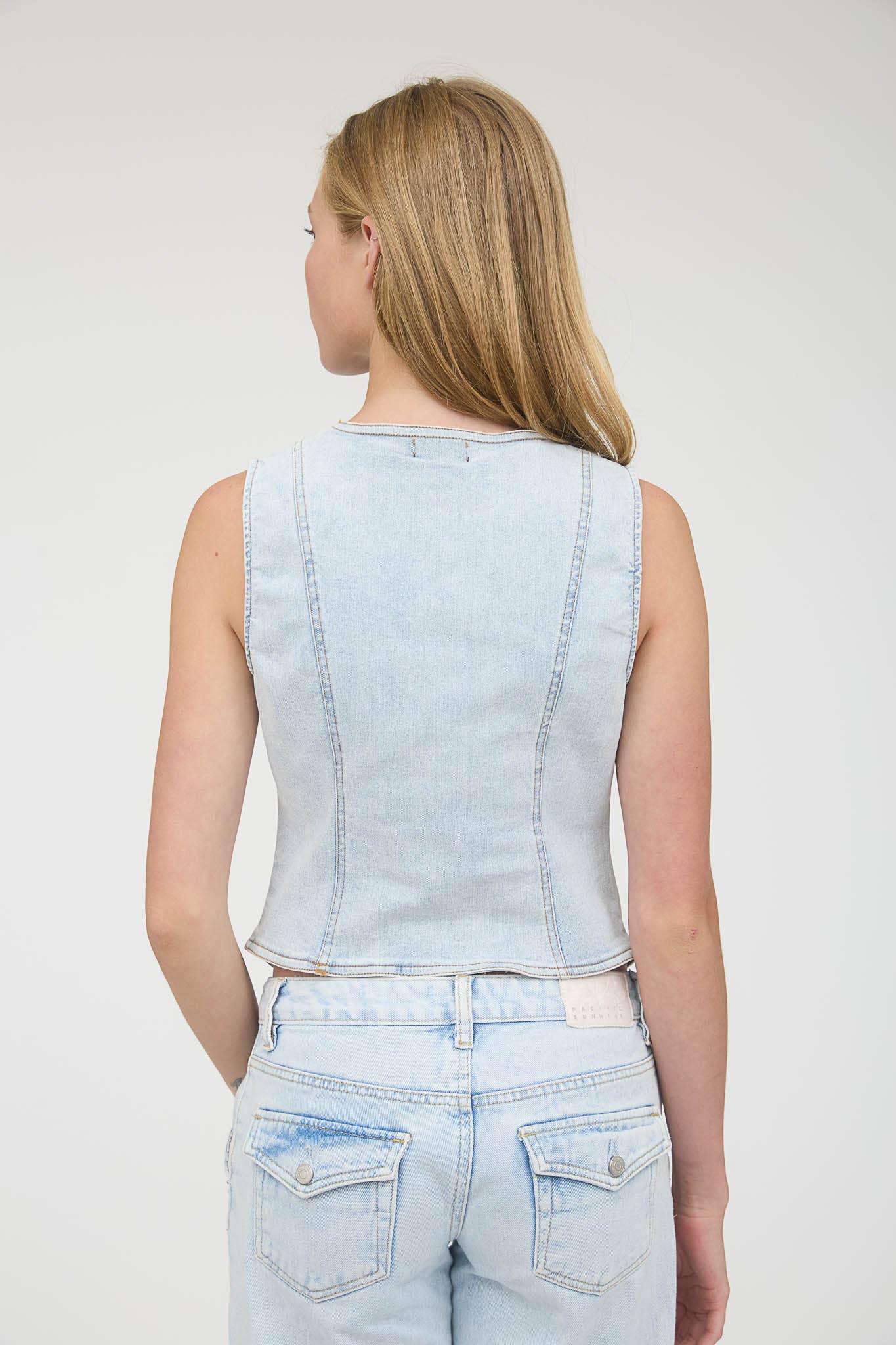 V NECK SLEEVELESS BUTTON DOWN DENIM VEST The Workshop Studio