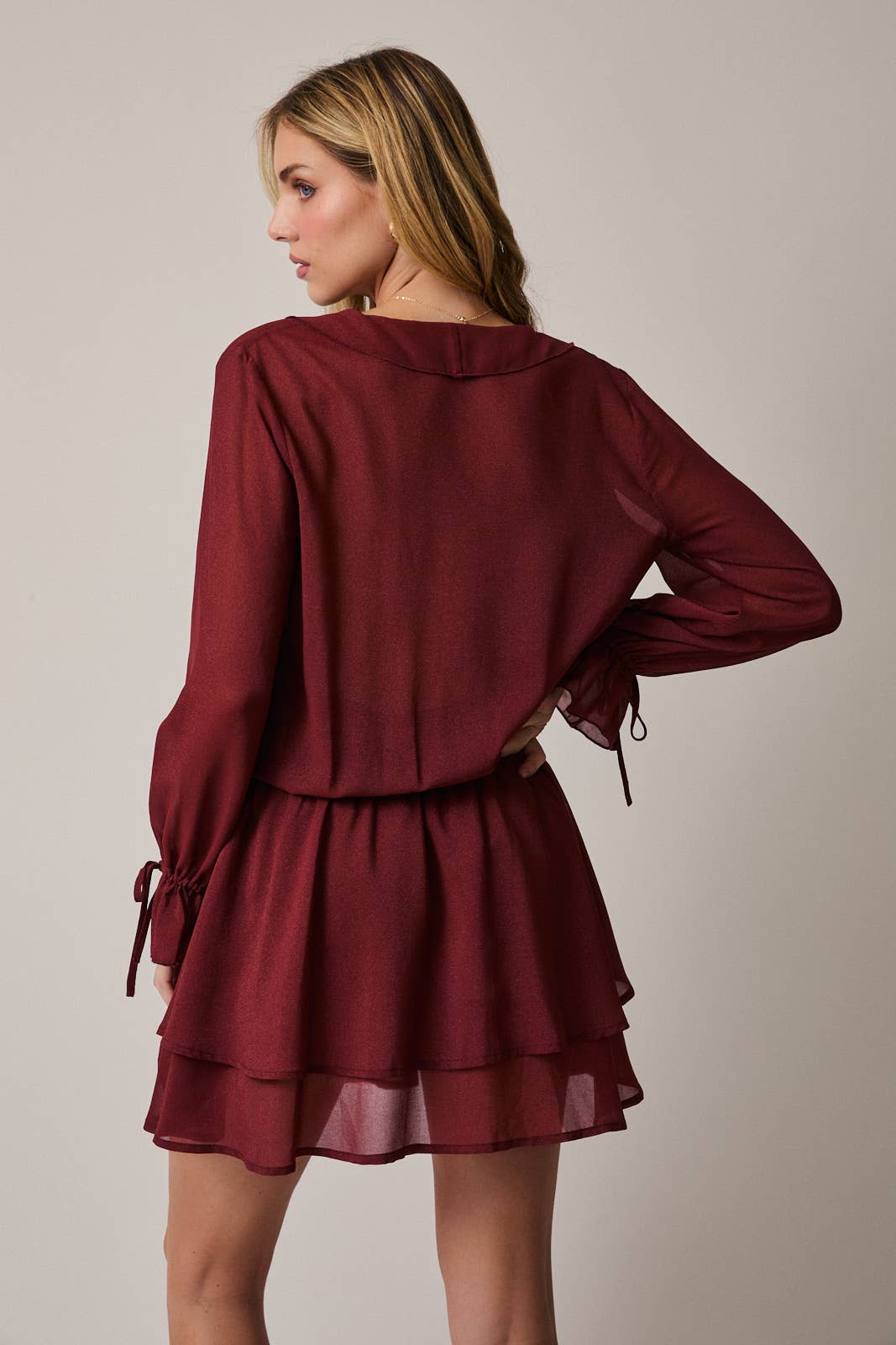 FRILLED V-NECK LONG SLEEVE MINI DRESS Sunday Edition by LE LIS