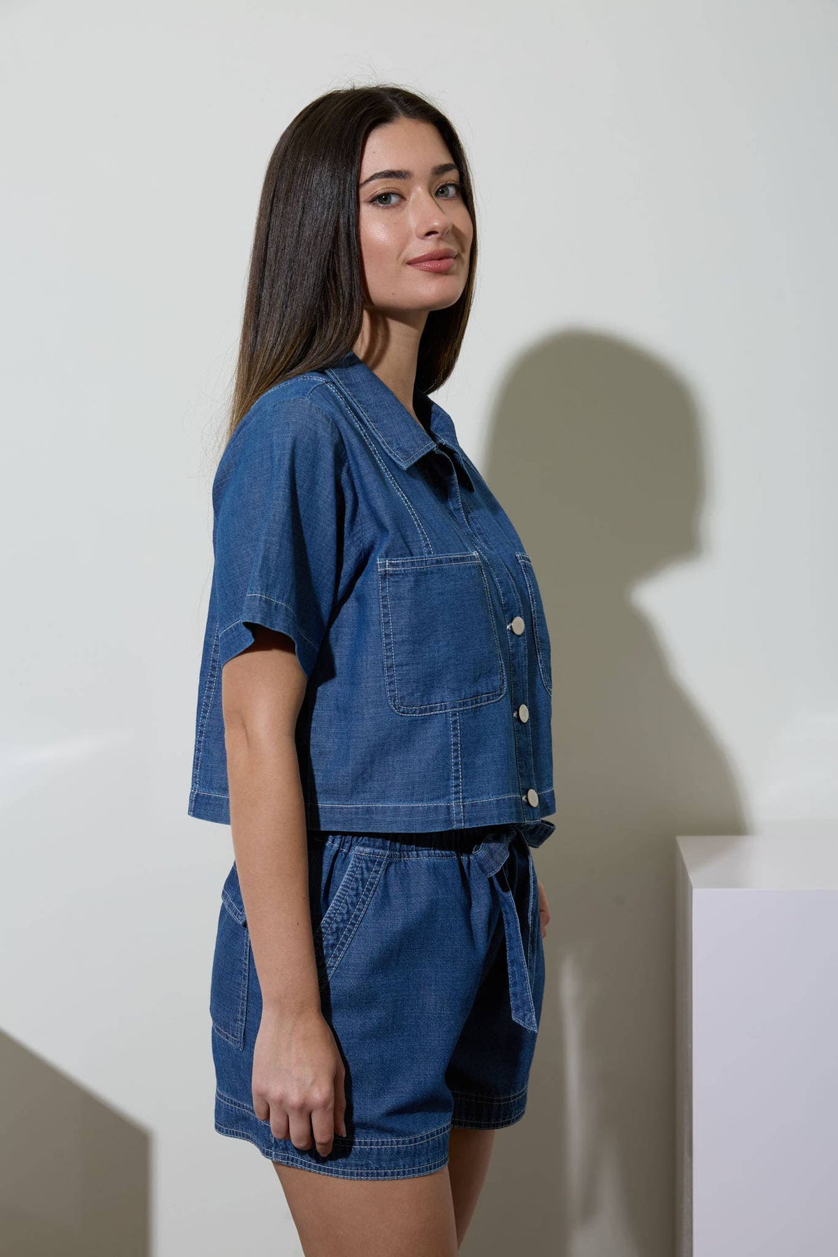 COLLARED BUTTON DOWN SHORT SLEEVE BOXY DENIM TOP The Workshop Studio