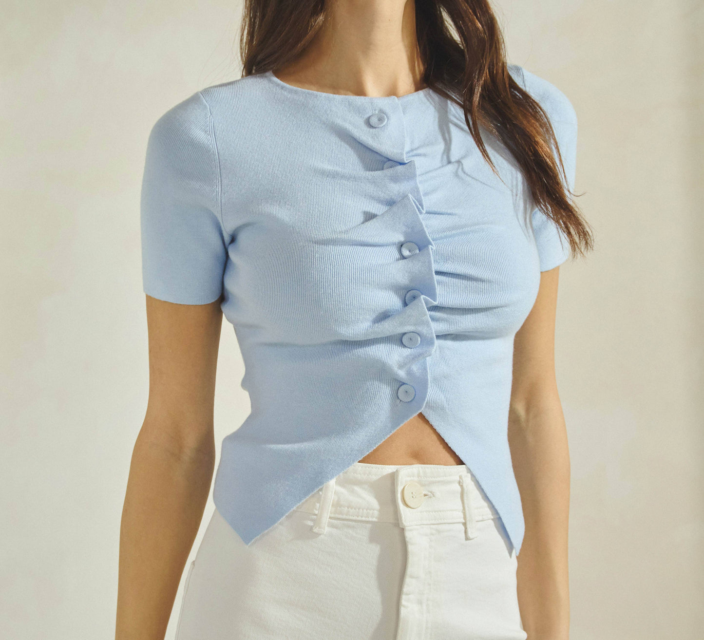 Button Pleated Split Knit Top