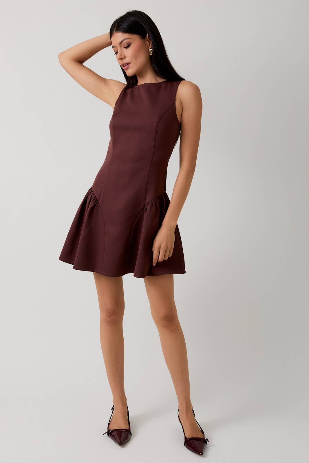 SHAY BOAT NECK MINI DRESS Brown / S SHAY BOAT NECK MINI DRESS Brown / S
