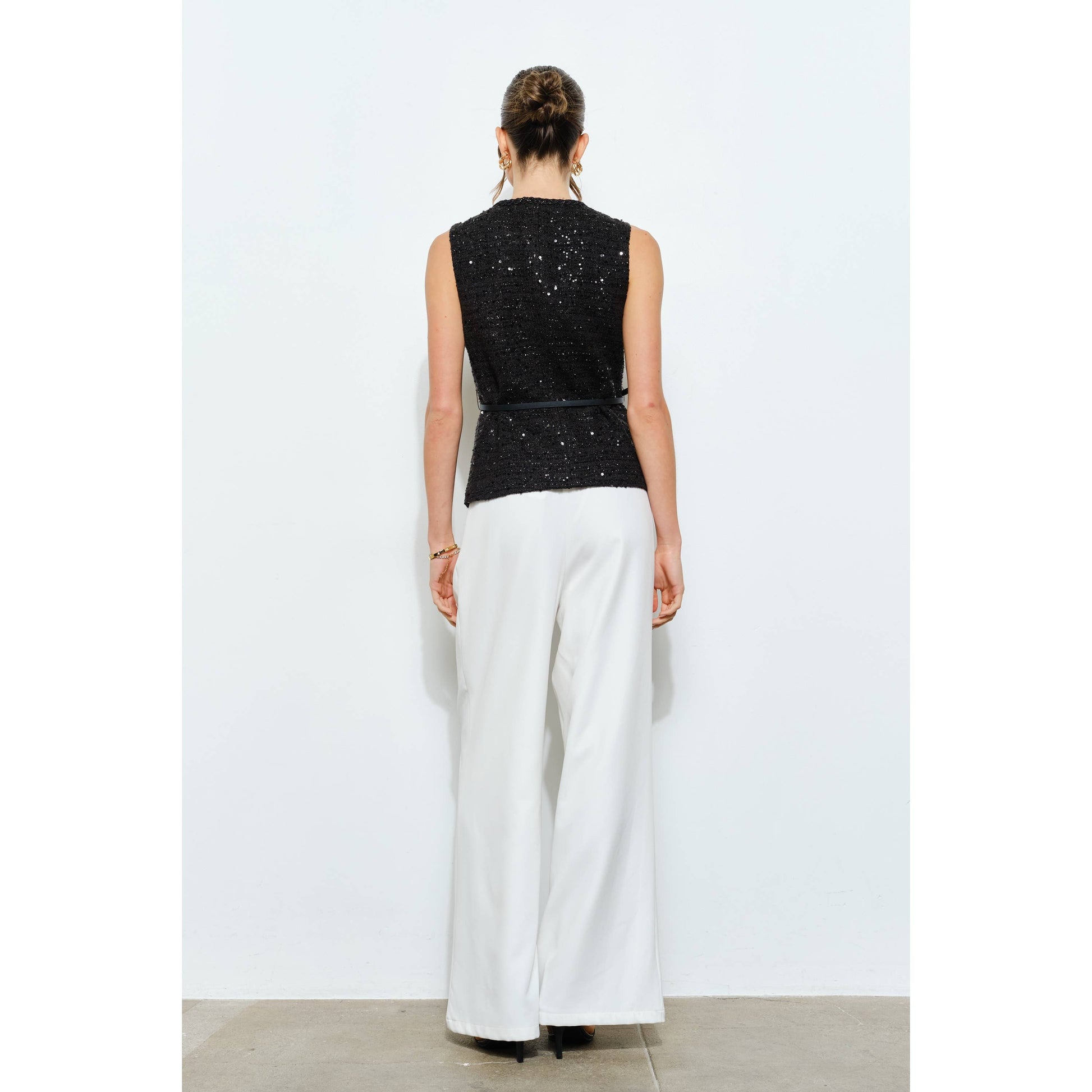 Belted Sequin Tweed Sleeveless Top INA