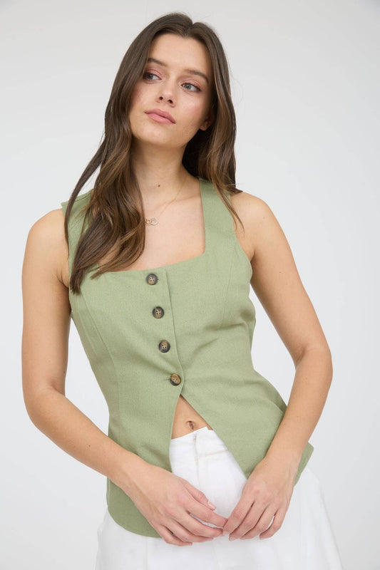 LINEN BUTTON DOWN SPLIT HEM CROPPED VEST