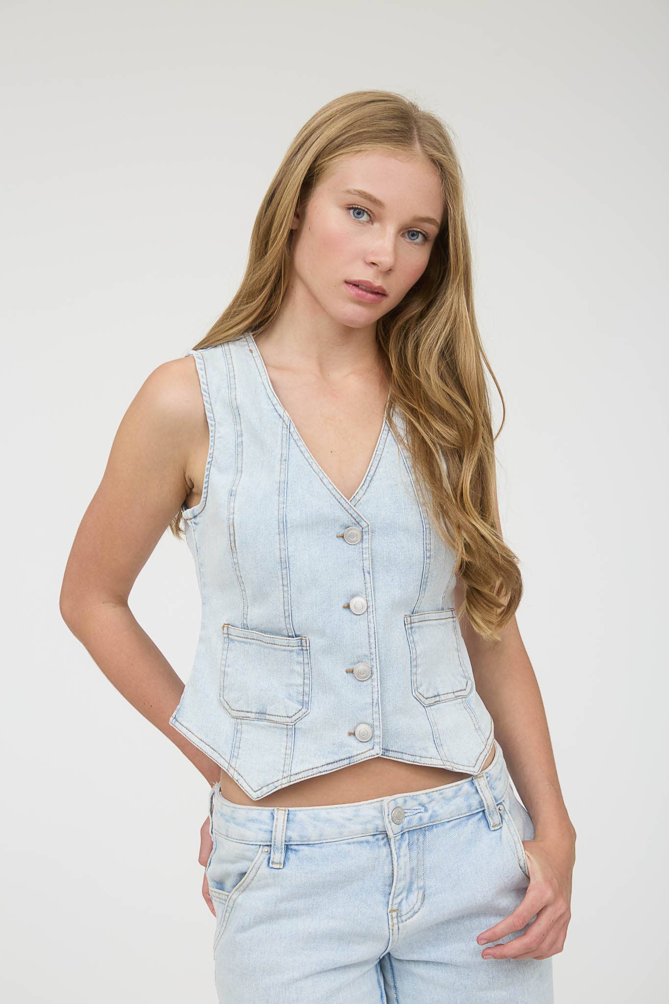 V NECK SLEEVELESS BUTTON DOWN DENIM VEST The Workshop Studio
