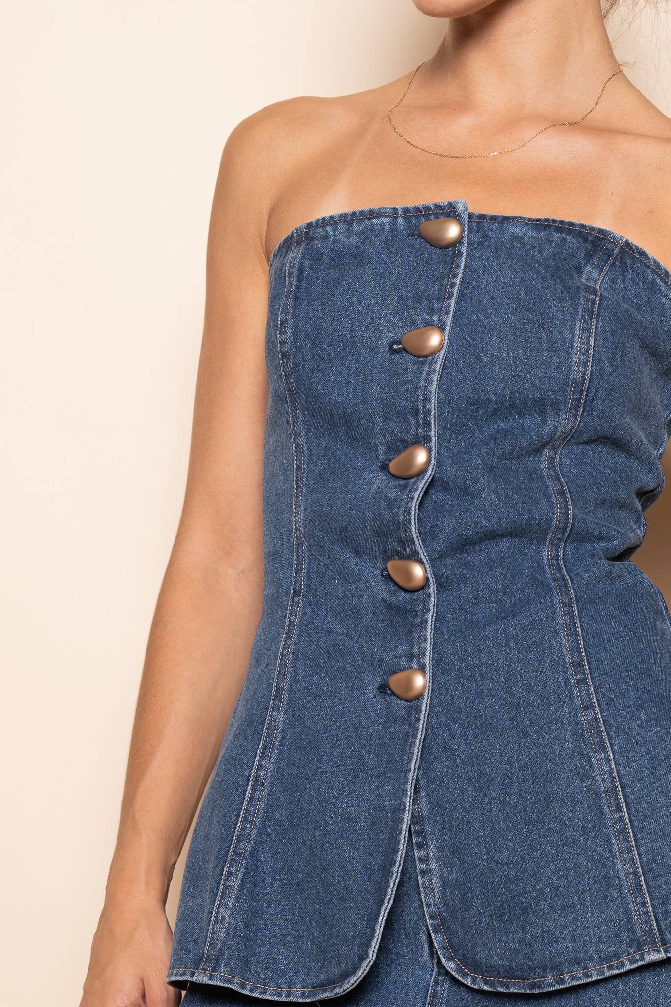 DENIM JEAN STRAPLESS BUTTON FRONT FITTED TUBE TOP - TI6949FO Fore Collection
